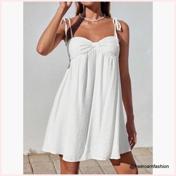 White Tie Shoulder Cami Dress Spaghetti Strap Backless Ruched Mini - Picture 6 of 7